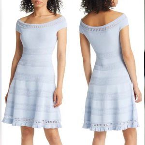 ELIZA J Baby Blue Knit Striped Stitched Off Shoulder Fit Flare Sweater Dress XL